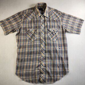 Vintage Wrangler Pearl Snap Shirt Size 17 L Cowboy Cut X-Long Tails Western USA